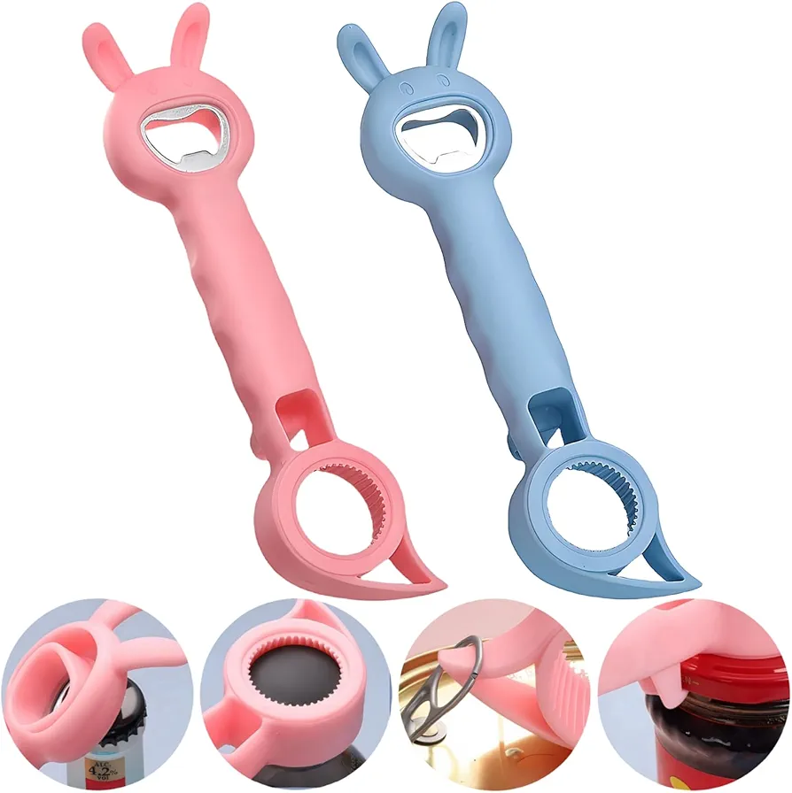 2PCS 4 in 1 Multi Function Can Opener Bottle for Elderly，Bottle Opener To Protect The Nail Use For Children，Cute Rabbit Bottle Opener (Pink and Blue)