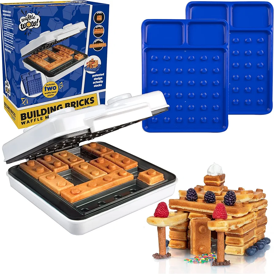CucinaPro Building Brick Electric Waffle Maker w 2 Construction Eating Plates- Cook Buildable Gingerbread House Waffles, Pancakes in Minutes- Breakfast for Kids Adults- Stack & Build on Serving Dish
