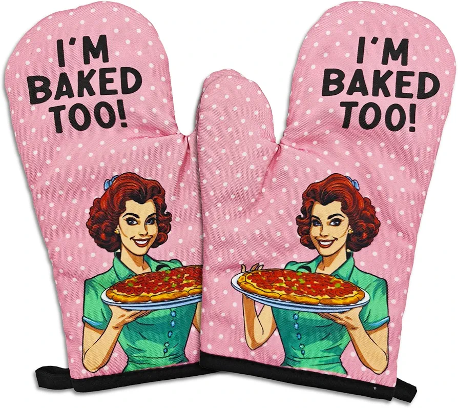 2 Pcs Funny Oven Mitts I'm Baked Too Heat Resistant Mitts Retro Housewife Silicone Non-Slip Oven Mitts with Hanging Loop Sweet Housewarming Gifts for Baking Lover Hostess Family Friend