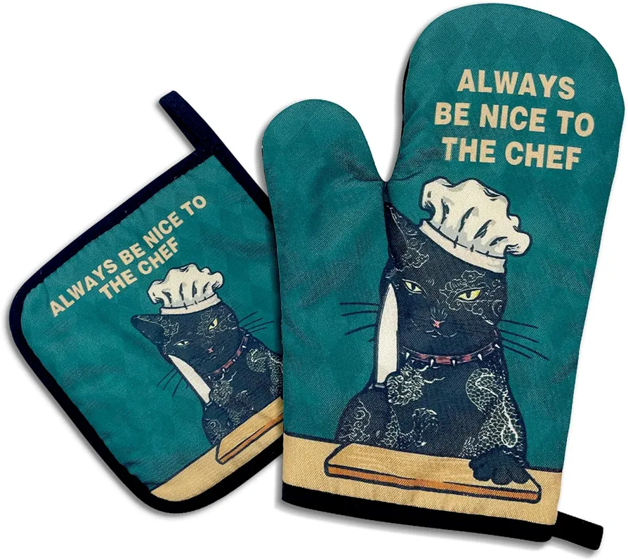 Always be Nice to The Chef,Funny Oven Mitts and Pot Holders,Silicone Non-Slip Oven Mitts,Cat Oven Mitts,Cat Lover Gift,Cat Mom Gifts,Cooking Baking BBQ Gifts