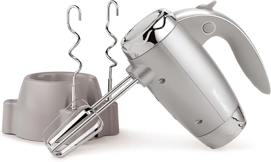 BETTY CROCKER Hand Blender 7 Speed, 250 Watt Electric Mixer with Beaters and Dough Hooks, Ergonomic Electric Hand Mixer for Home & Kitchen with Stand and Soft Touch Handle, Silver