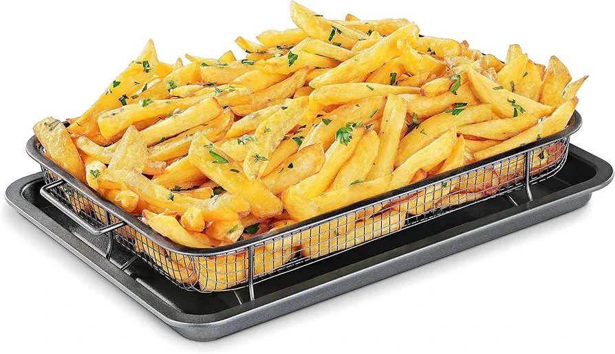 Bakken Swiss Air Fryer Tray, 2 in 1 Nonstick Crisper Air Fry Basket w/Elevated Mesh Great for Oven, Dishwasher Safe – Ceramic Coating PTFE/PFOA/PFOS FREE Extra-large (9.5"x13", Gray)