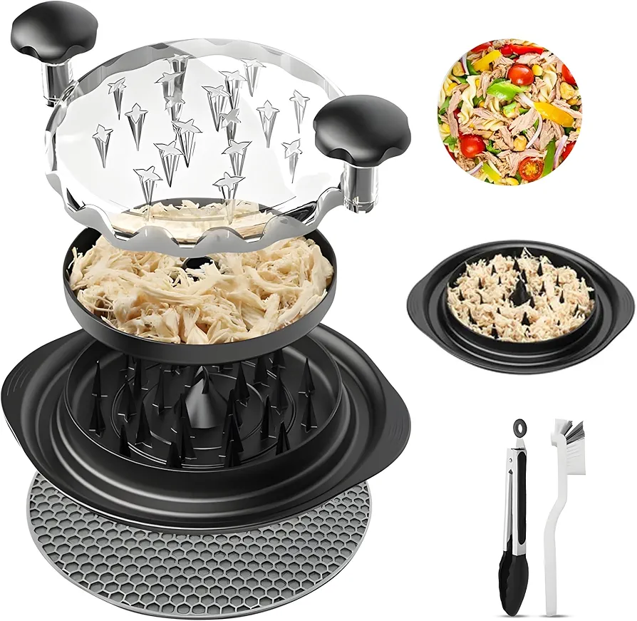 Chicken Shredder with Detachable Plate, Transparent Lid, Anti-Slip Base | Dishwasher and Microwave Safe, BPA Free | Comes with Cleaning Brush and Tong | Suitable for Chicken Pork Beef