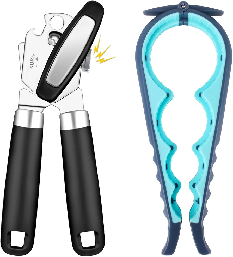 Can Opener Manual & Jar Opener set，Manual Can Opener with Magnetic ，Heavy Duty can opener manual smooth edge.(2, black+Grey blue)