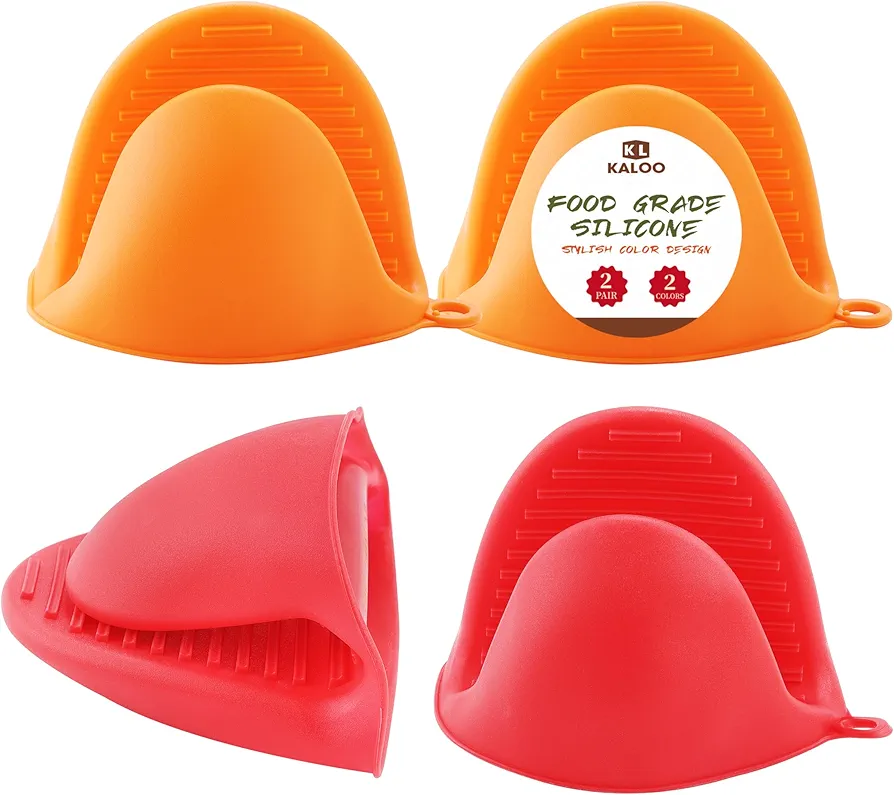 2 Pair Silicone Mini Oven Mitts, Kaloo Heat Resistant Cooking Pinch Mitts Potholder for Kitchen Cooking & Baking (Orange and Red)