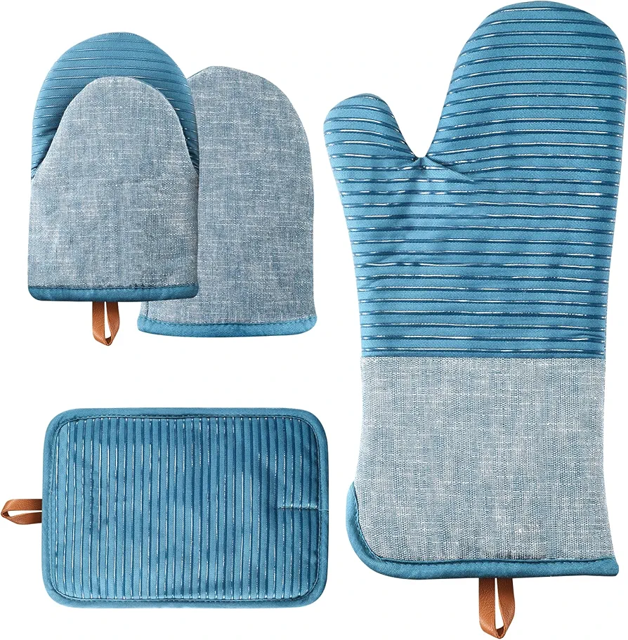 Oven Mitts，4pcs Oven Mitts Set，Non-Slip Cotton Oven Mitt and Pot Holders – Heat Resistant, Durable，Machine Washable，1 Long Mit, 2 Mini Oven Mitts and 1 Pot Holder (Blue)