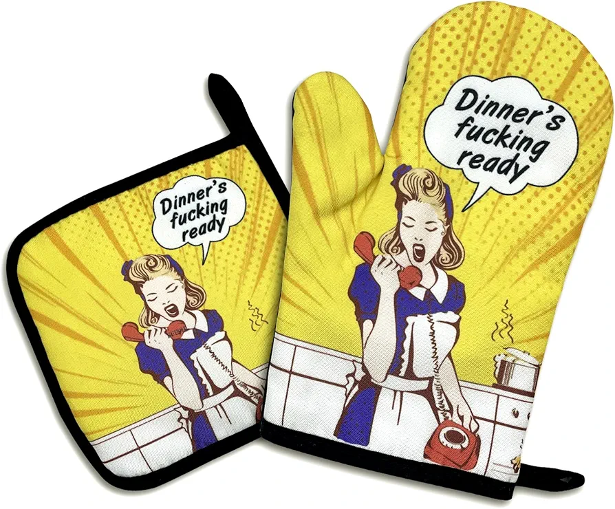 Dinner's Fxxking Ready,Funny Oven Mitts and Pot Holders Sets of 2,Silicone Non-Slip Oven Mitts,Kitchen Gift for Women,Cooking Baking BBQ Gifts,Housewarming Gifts