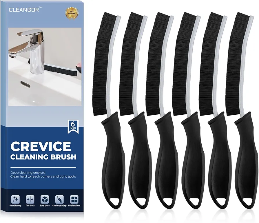 Crebrush SE - Crevice Cleaning Brushes for Hard to Reach Tight Space, Home Essentials, Cleaner Scrub Brush Tool, Cleaning Supplies for Shower, Bathroom, Kitchen, Toilet, Window (6, Black)