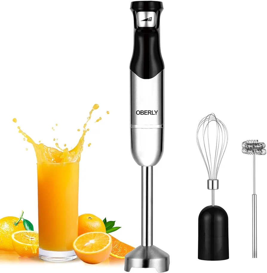 Immersion Hand Blender Electric, OBERLY 500W Smart Stepless 3-in-1 Heavy Duty Handheld Stick Mixer, Stainless Steel Blade with Milk Frother, Egg Whisk for Coffee Foam, Smoothies and Puree