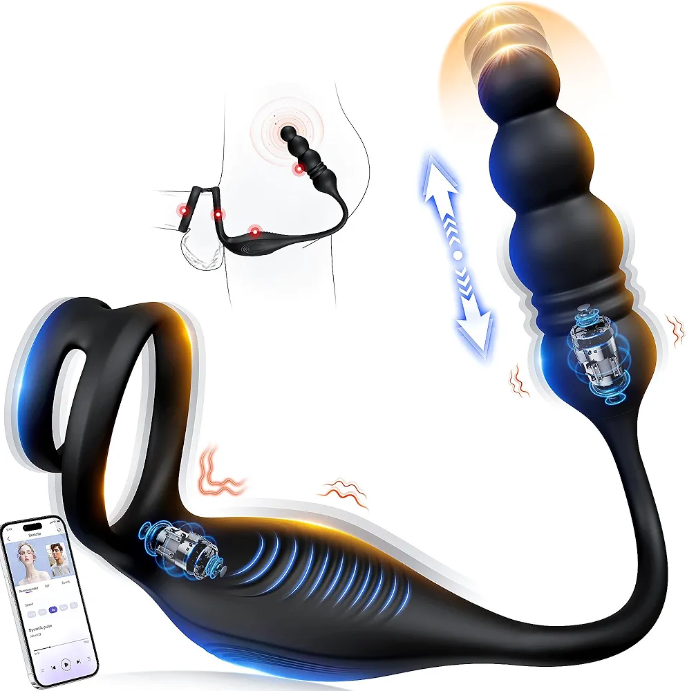 Prostate Massager Vibrating Cock Ring Anal Plug - Prostate Vibrator Adult Toys Anal Toys Vibrating Butt Plug with App Remote Control 10 Vibrating Thrusting Modes, Anal Sex Toys for Men Couple Game