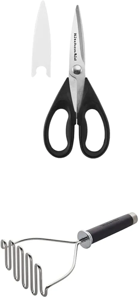 KitchenAid All Purpose Shears with Protective Sheath, One Size, Black & KitchenAid Gourmet Stainless Steel Wire Masher, 10.24-Inch, Black