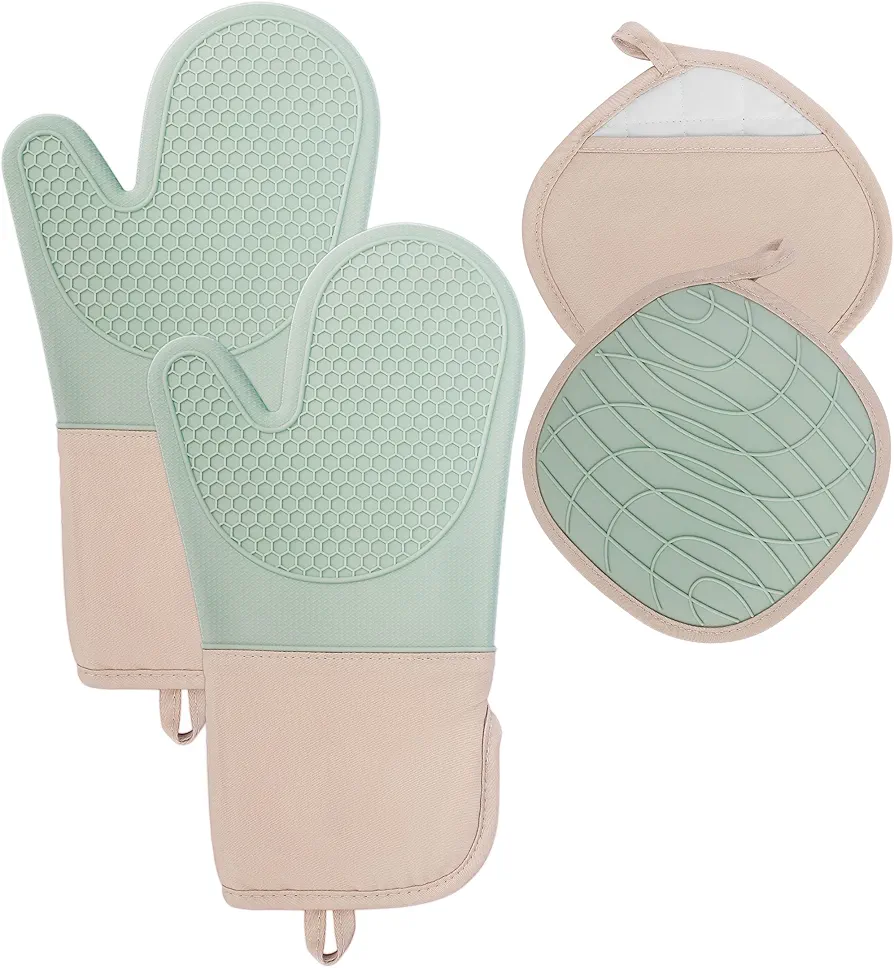 Oven Mitts and Pot Holders 4pcs Sets for Kitchen, Oven Mitt Heat Resistant 536°F, Oven Gloves for Kitchen, Silicone Non-Slip Extra Thick Long Oven Mitts for Cooking and Baking (Green)