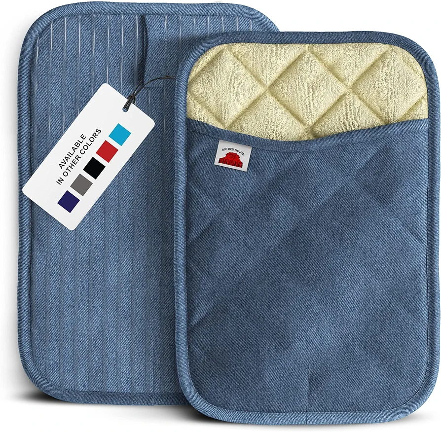 Big Red House Silicone Pot Holders, Heat Resistant Kitchen Protectors for Hot Pans and Baking, Professional Grade Cooking Mitts, Blue Denim, Set of 2
