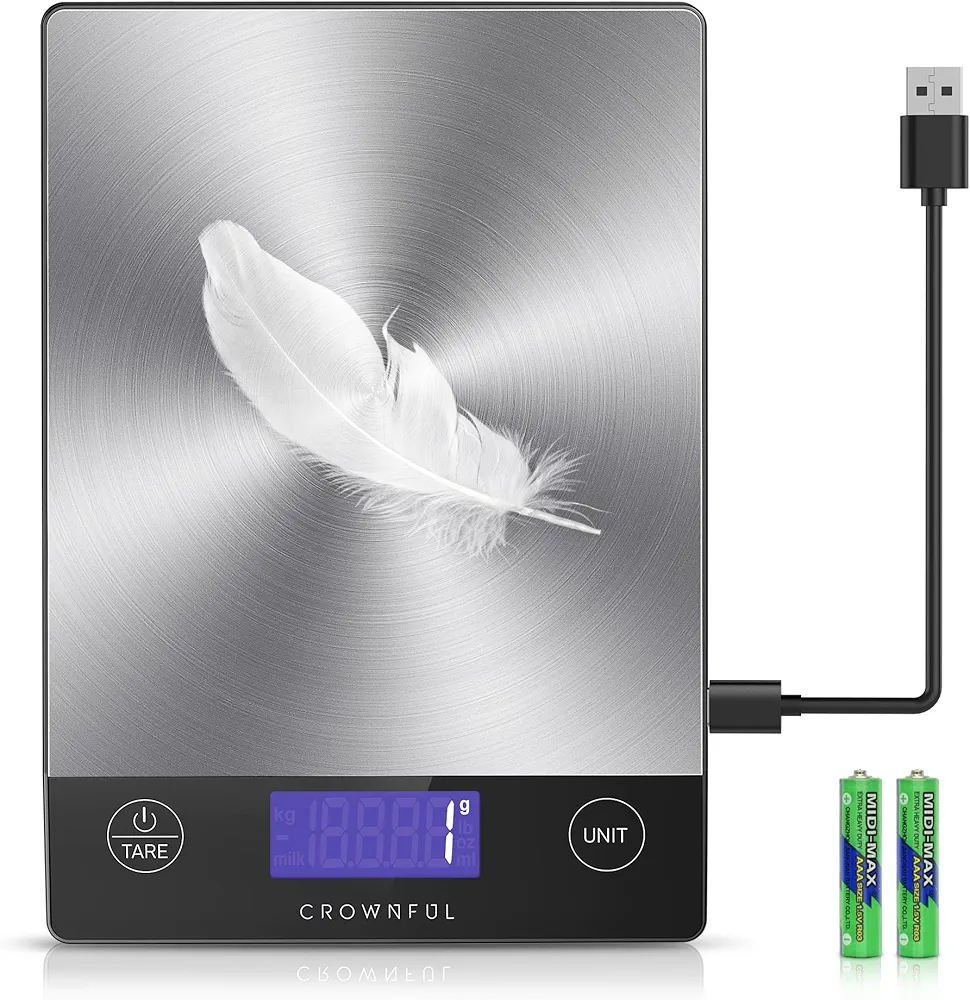 CROWNFUL Food Scale, Rechargeable 304 Stainless Steel Digital Kitchen Scale Upto 33lb Weight Grams and Ounces with LCD Display and Type-C Charging for Baking and Cooking