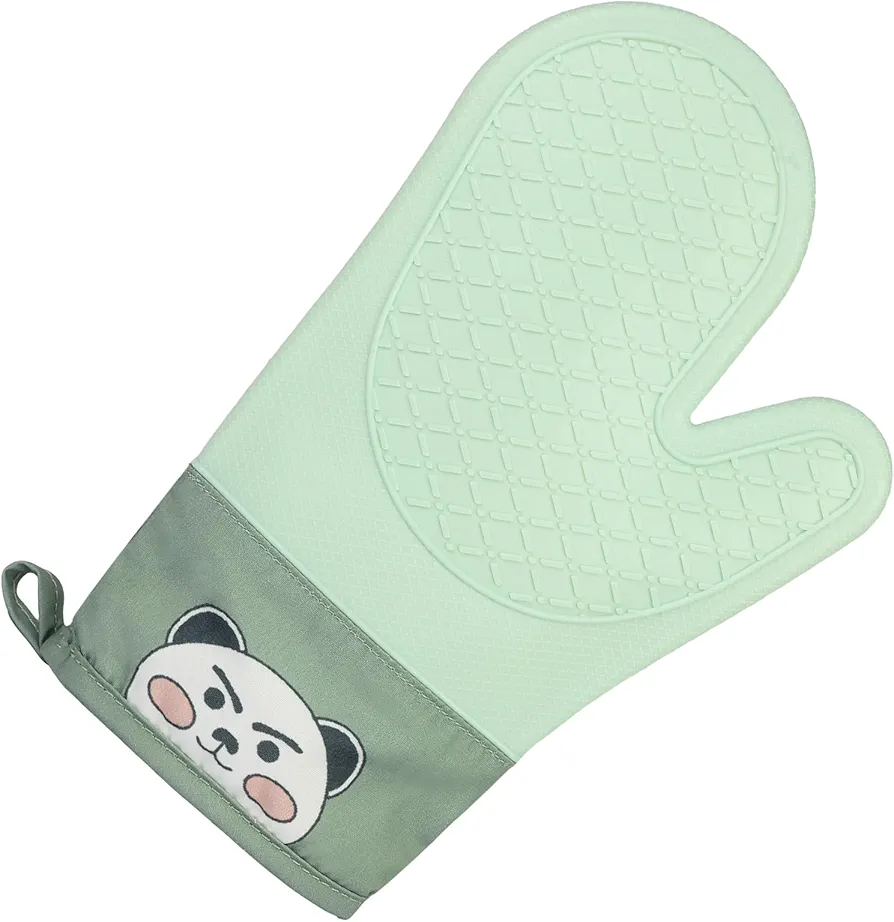 Oven Mitts, High Heat Resistant, Baking and Grilling, Anti-Scald,Non-Slip Silicone and Soft Cotton Oven Gloves(Green)