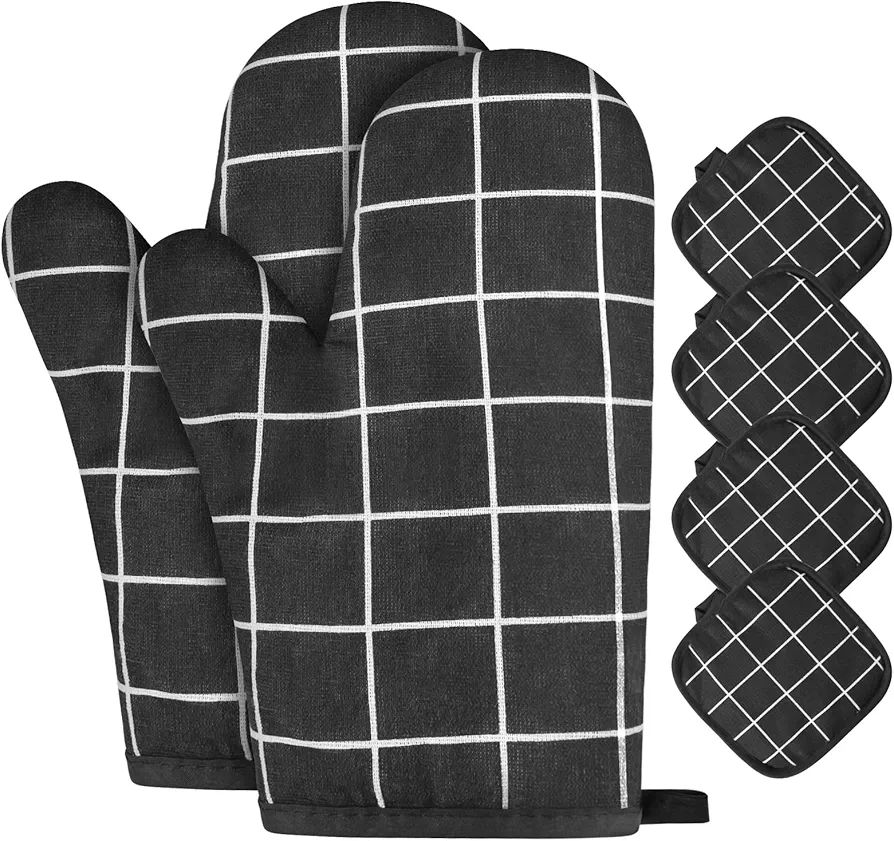 AUAUY Oven Mitts and Potholders BBQ Gloves-Oven Mitts and Pot Holders with Recycled Infill Silicone Non-Slip Cooking Gloves for Cooking Baking Grilling (6-Piece Set,Back)