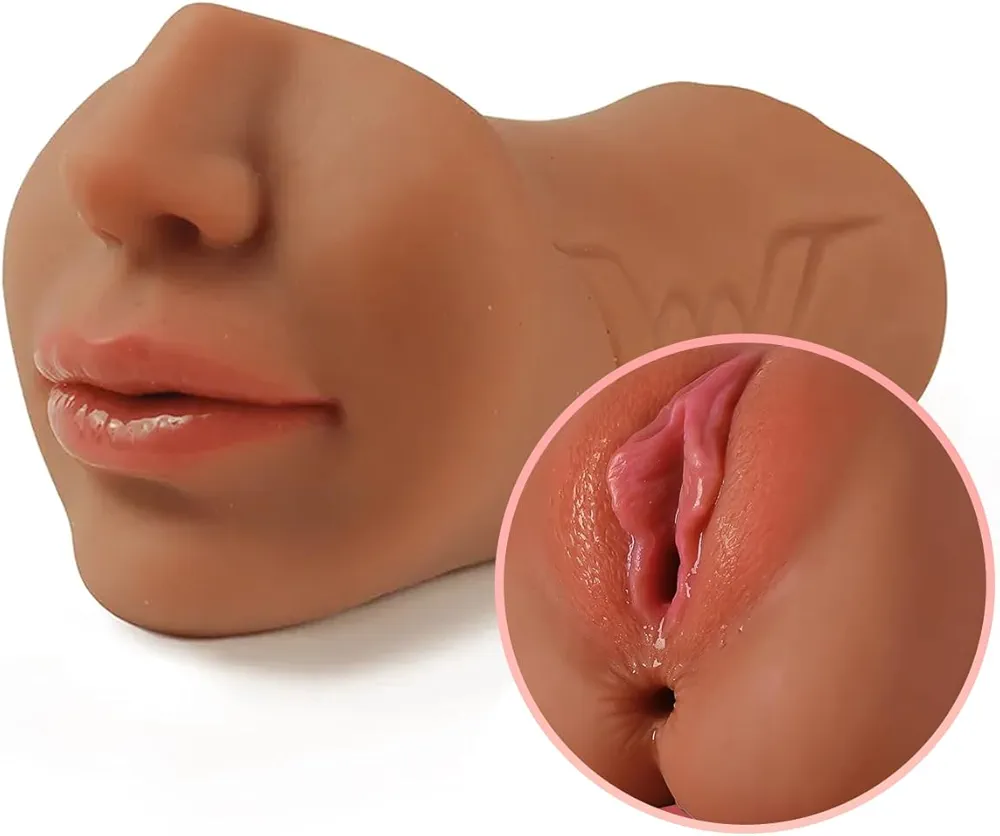 3 in 1 Pocket Pussy Male Masturbators with Lifelike Face, Sex Doll with Realistic Textured Mouth Vagina and Tight Anus, Masturbator Deep Throat Oral Adult Sex Toys for Men Masturbation (Brown)