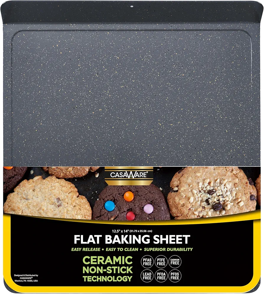 casaWare Large Flat Baking Cookie Sheet, 12.5 x 14-inch with a 1.5-inch Handle, Ceramic Non-Stick Coating (Silver Granite)