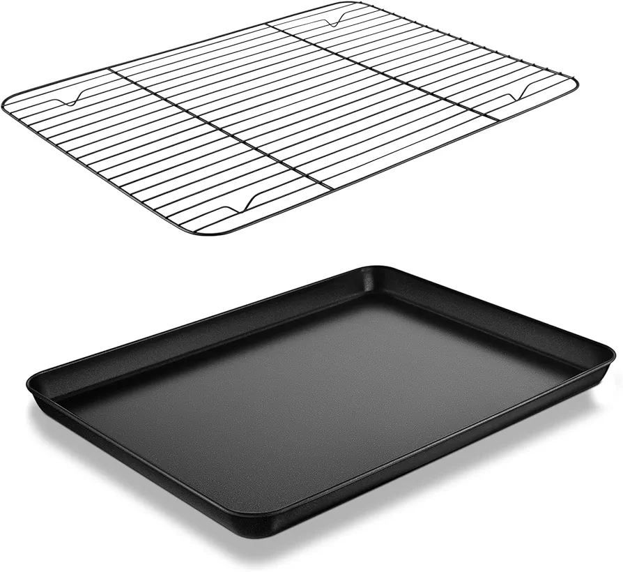 P&P CHEF Toaster Oven Pan with Rack, 12.4 Inch Nonstick Toaster Oven Tray with Cooling Rack, Small Baking Pan Tray for Oven Baking & Roasting, Easy to Clean, Black