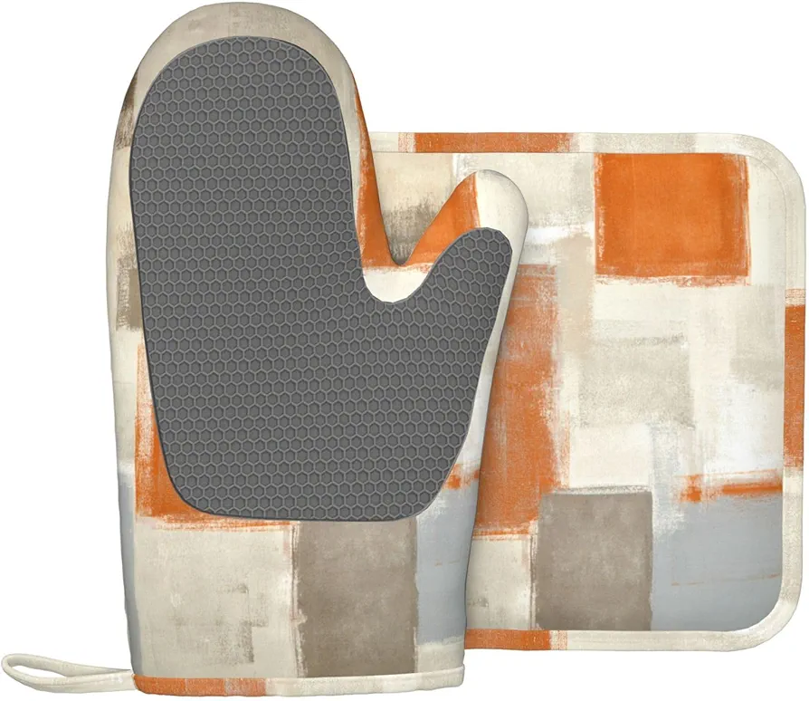 Beige Orange Abstract Painting Oven Mitts and Pot Holders Set of 2 Silicone Heat Resistant Oven Mitten Potholders Non Slip Gloves Kitchen Decor for BBQ Cooking Grilling Baking