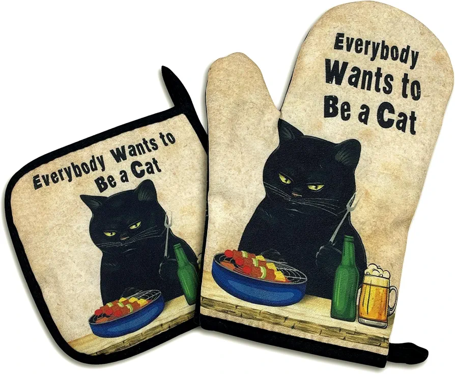 Everybody Wants to be a Cat,Funny Oven Mitts and Pot Holders Sets of 2,Silicone Non-Slip Oven Mitts,Kitchen Gift for Men Women,Cat Oven Mitts,Cat Lover Gift