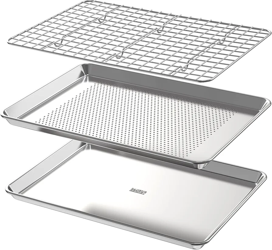 Baker's Secret Non Toxic Baking Pans Set, 100% Recycled Aluminum, Bakeware Set Cookie Sheet 18" Perforated Cookie Sheet 18" with Stainless Steel Rack Never Rust - The Natural Aluminum Collection