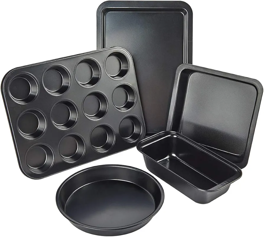 Nonstick Bakeware Set, 5 Pcs Bakeware Include Cookie Sheet, Loaf Pan, Square Pan, Round Cake Pan, 12 Cups Muffin Pan
