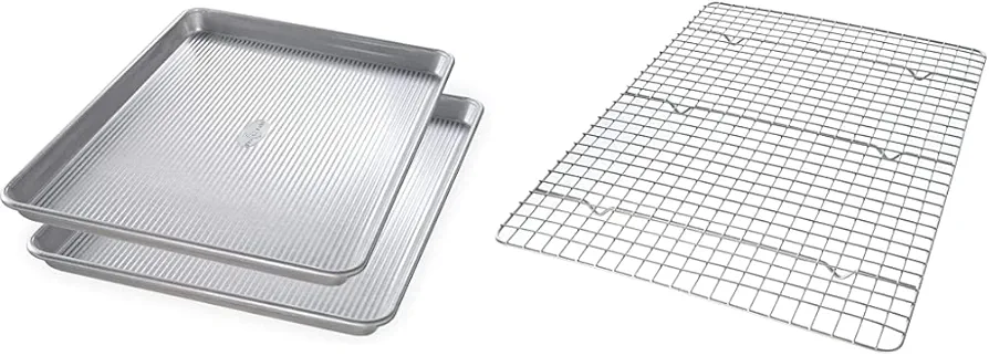 USA Pan Half Sheet Pan Set of 2 and Bakeable Cooling Rack, Aluminized Steel