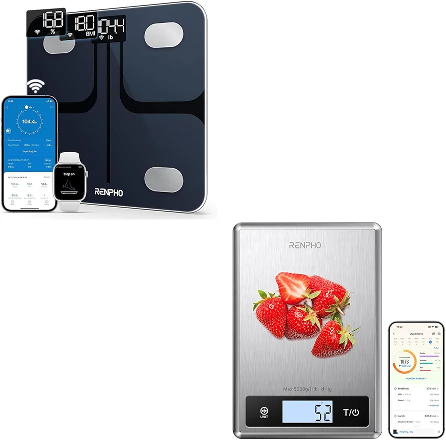 RENPHO Smart Food Kitchen Scale, RENPHO Wi-Fi Bluetooth Scale Smart Digital Bathroom Weight BMI Body Fat Scale Tracks 13 Metrics