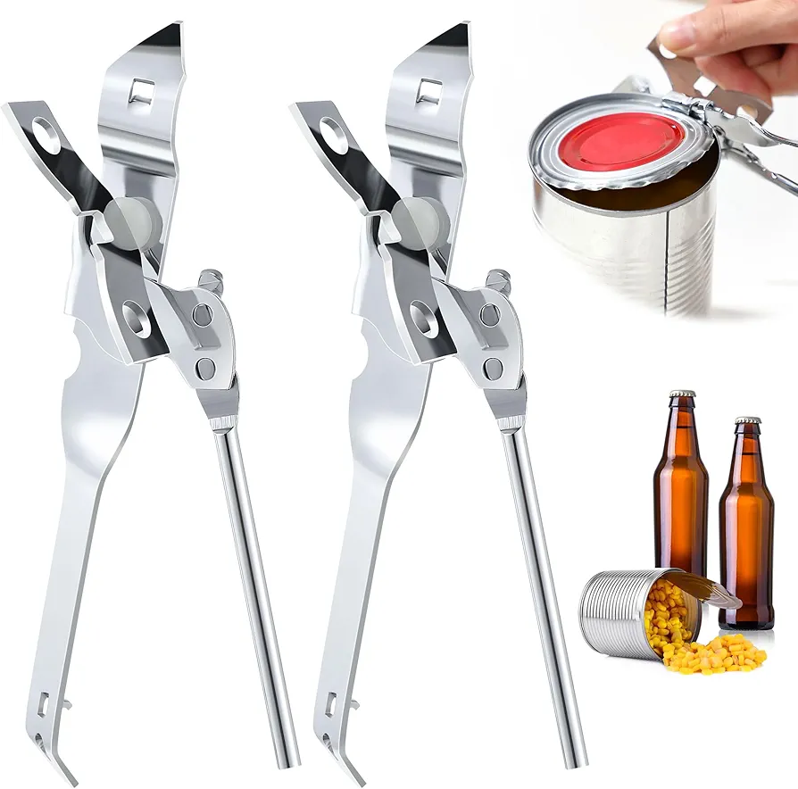2 Pack Can Opener Manual, Safety Commercial Smooth Edge Can Opener, Heavy Duty Stainless Steel Hand Held Can Opener, Small Side Cut Opener, Multifunctional Bottle Opener for Camping, Kitchen