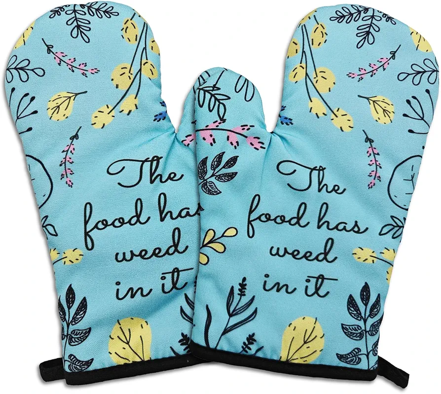 2 Pcs Funny Oven Mitts The Food Has Weed in It Heat Resistant Mitts Trendy Silicone Non-Slip Baking Mitts with Hanging Loop Funny Kitchen Accessories Gifts for Women Family Friend Sister
