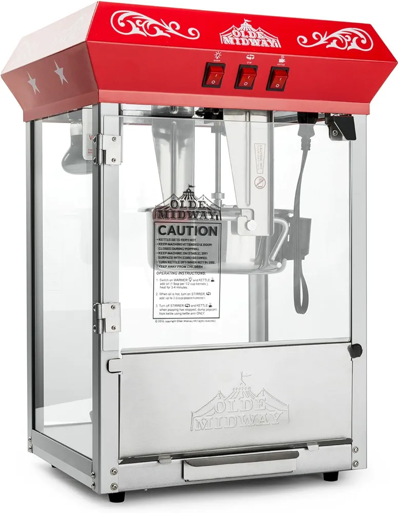 Olde Midway Bar Style Popcorn Machine Maker Popper with 10-Ounce Kettle - Red