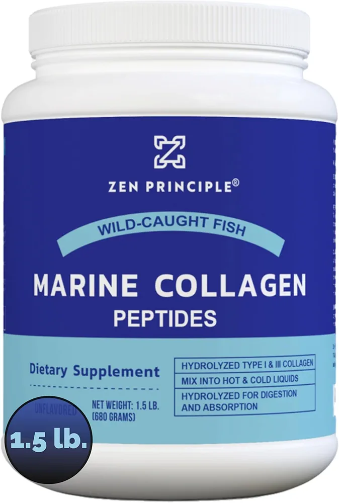 Zen Principle Marine Collagen Peptides Powder 1.5 lb. Wild-Caught Fish, Non-GMO. Supports Healthy Skin, Hair, Joints and Bones.Hydrolyzed Type 1 & 3 Protein. Amino Acids.Unflavored, Easy to Mix.