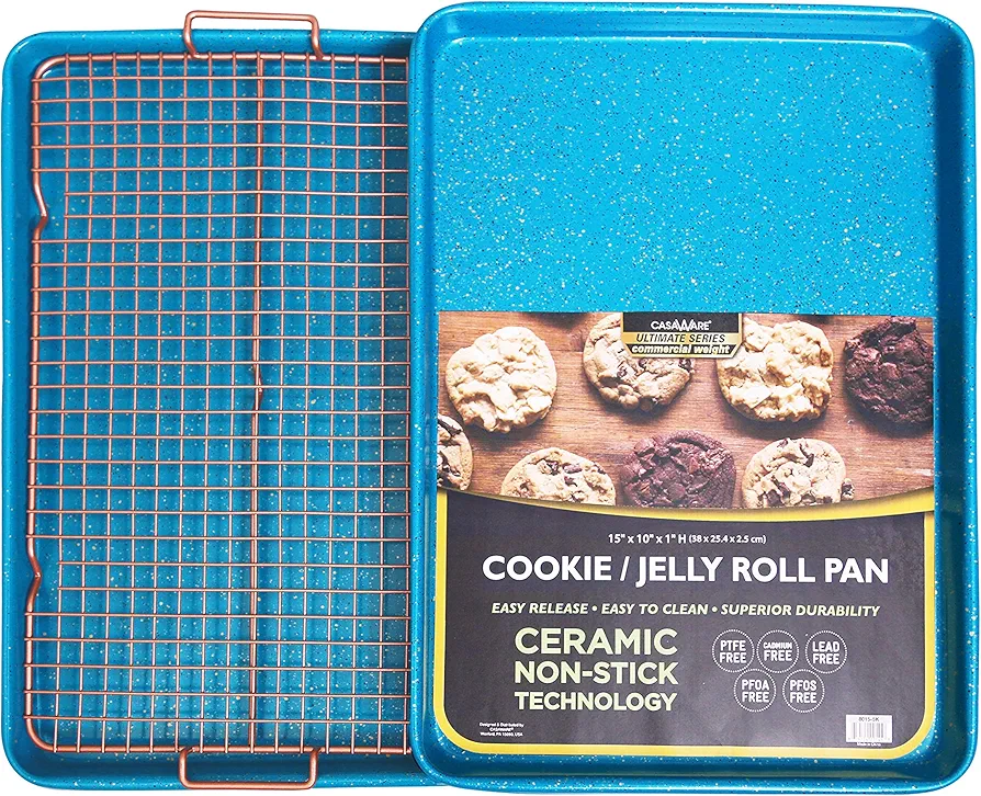 CasaWare 3pc Ultimate Commercial Weight 15 x 10 x 1-inch Cookie Sheet/Cooling Grid Set (Blue Granite)