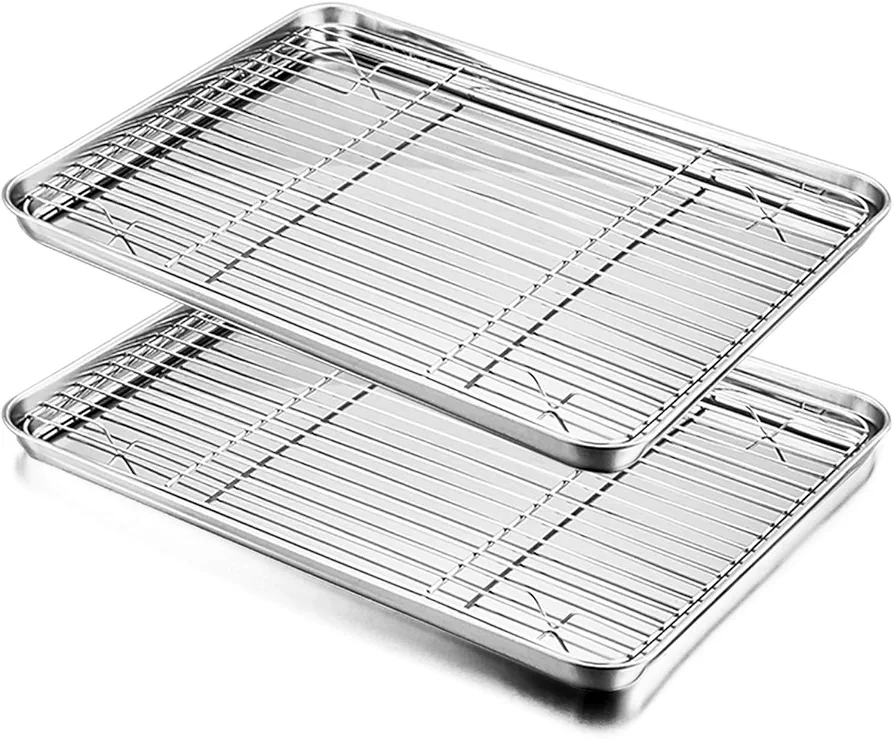 Baking Sheet with Rack Set, E-far Stainless Steel Baking Pans Tray Cookie Sheet with Cooling Rack, 16 x 12 x 1 inch, Non Toxic & Healthy, Rust Free & Dishwasher Safe - 4 Pieces (2 Sheets + 2 Racks)