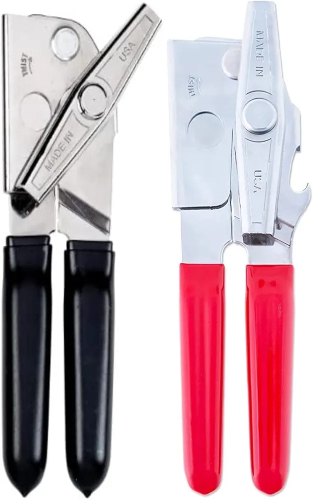 EZ-DUZ-IT Deluxe Manual Can Opener - 2 Pack - Heavy Duty and Rust Proof - Sharp Blade with Smooth Edge - Large, Comfortable Red and Black Grips - Easy Turn Knob - Opens Various Can Sizes