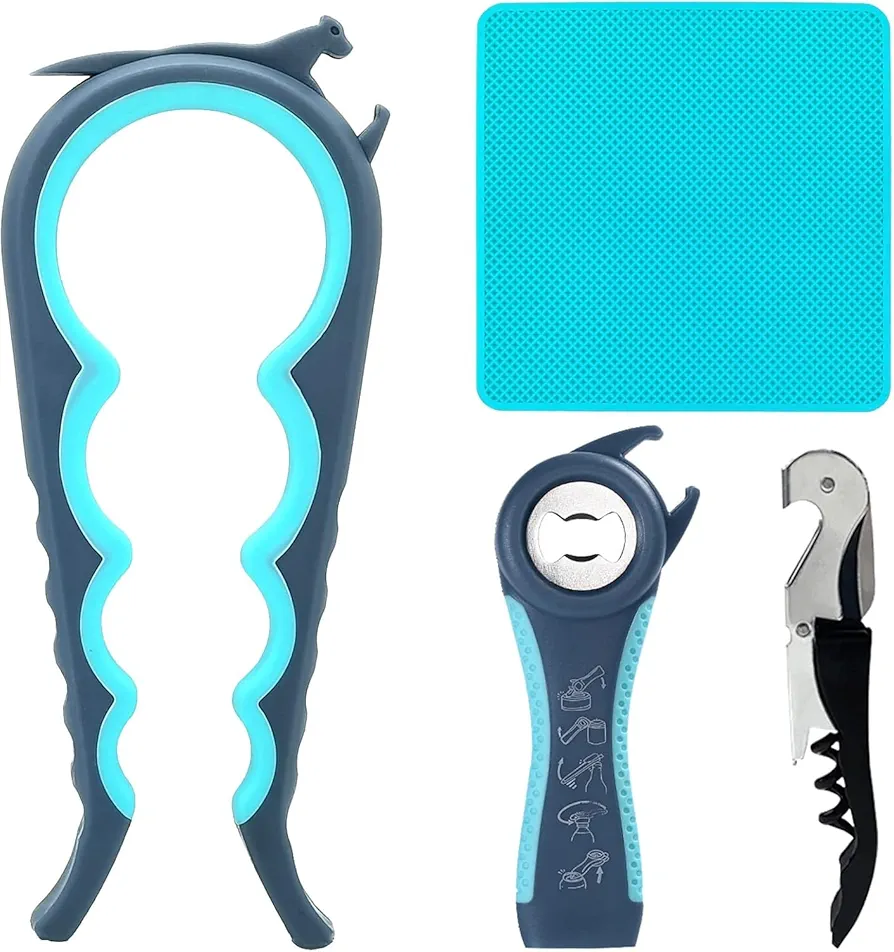 Jar Opener for Weak Hands, Seniors with Arthritis, 5 in 1 Multi Function Bottle Opener Lid Opener For Arthritic Hands with Non Slip Rubber Jar opener Gripper Pad and Corkscrew Wine Opener
