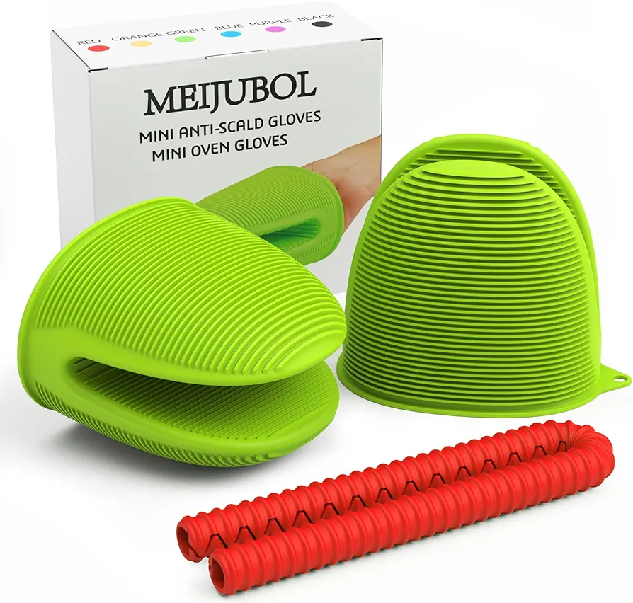 Mini Oven Mitts - Silicone Heat Resistant Gloves - Kitchen Finger Protector - Pinch Grips Potholder with Oven Rack Shields for Baking Cooking Green 1 Pair