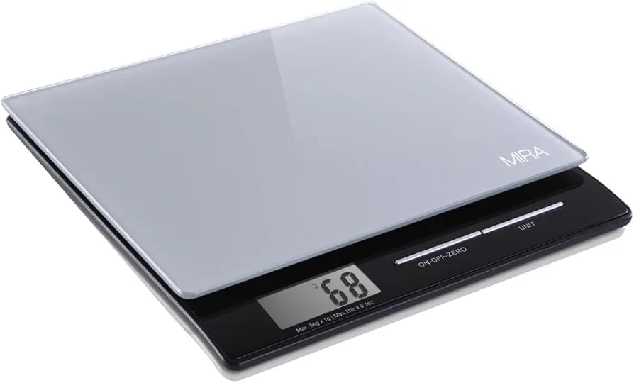 MIRA Digital Easy to Use Kitchen Food Scale | Portable Lightweight Slim Food Scale Measures Grams, Pounds & Ounces Glass Platform Multifunction Scale | Tare Function | 11 lb Capacity