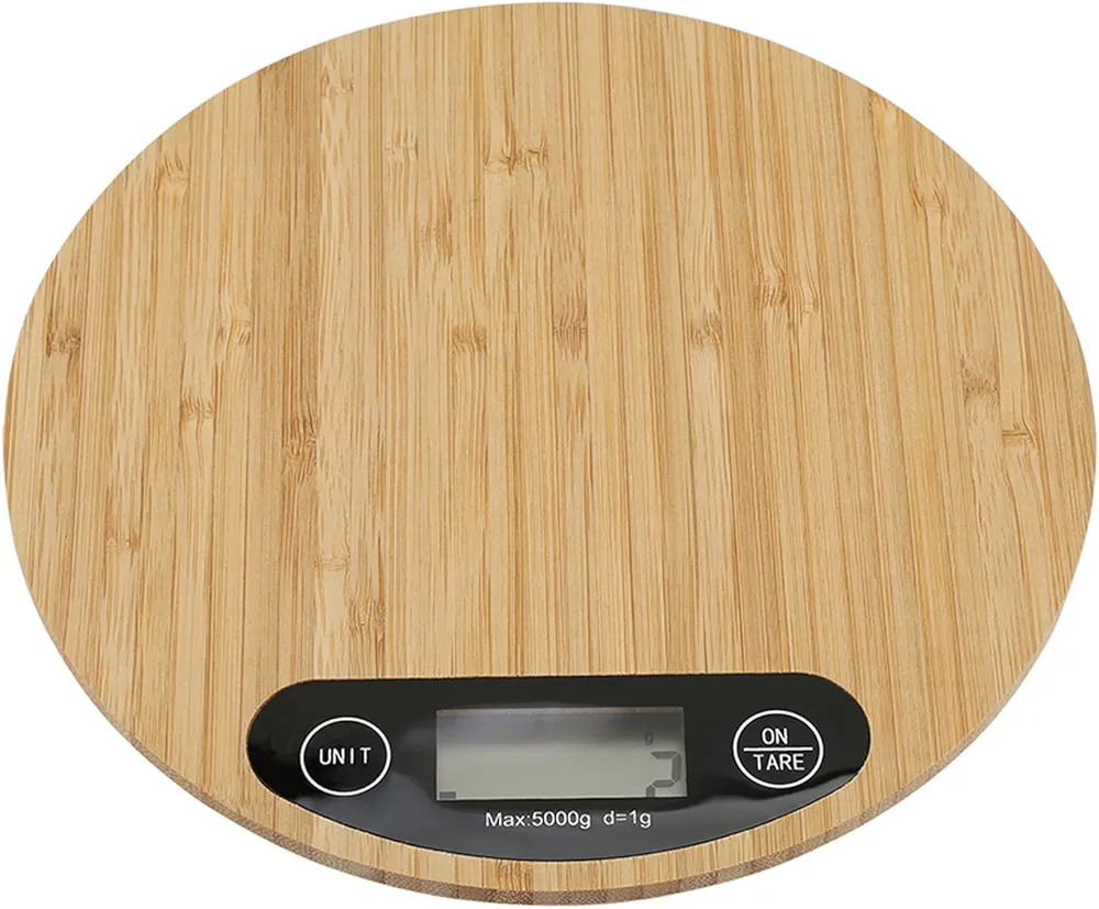 Digital Food Scale,Round Bamboo Electric Kitchen Weighing Scale 5kg 1g Kitchen Scale for Cooking Baking Electronic Scale with LCD Display for Cooking Food