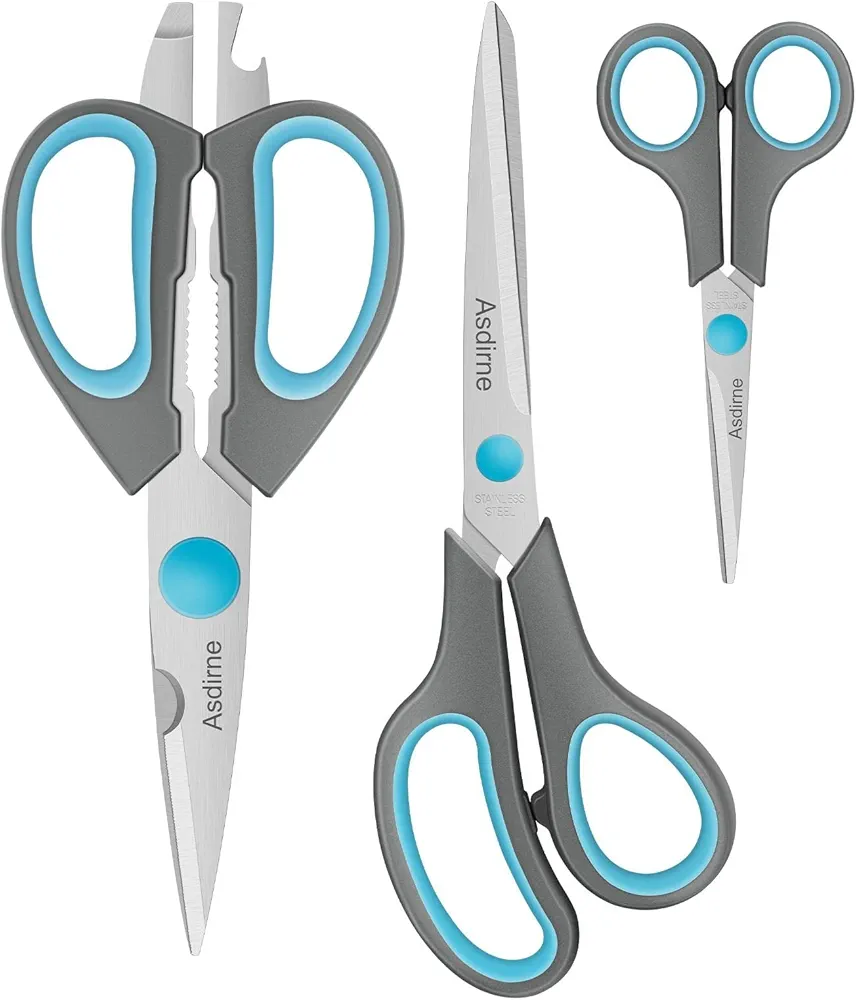 Scissors Bundle, Kitchen Scissors with Sharp Stainless Steel Blades and Soft Handles, All Purpose Scissors Set, 3Pcs, 8.5"/8.5"/5.5", Blue/Grey