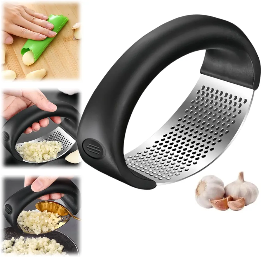 Garlic Press Rocker, 2024 Upgraded Stainless Steel Garlic Press Rocker Crusher Masher with Garlic Peeling Drum, Portable Manual Garlic Mincer Garlic Crusher for Home Kitchen Utensils (1, Black Pack)