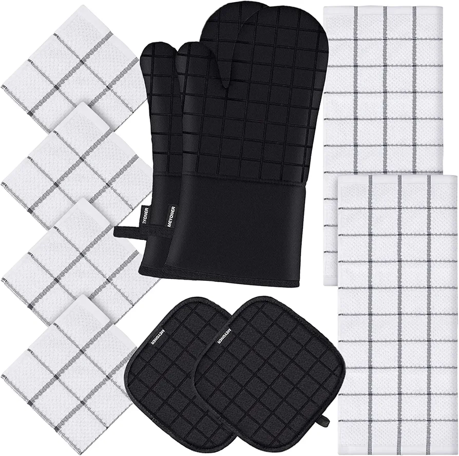 Oven Mitts and Kitchen Towel Sets with Pot Holders, 500 Degree Heat Resistant Kitchen Mitts and Pot Holders, Kitchen Washcloth Towel Set, Pure Cotton Kitchen Hand Towels Sets Hanging Loop 10 PCS-Black