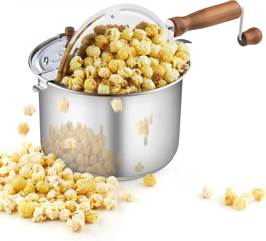 Cook N Home Stovetop Popcorn Popper with Crank, 6 Quart Stainless Steel Popcorn Pot, Silver
