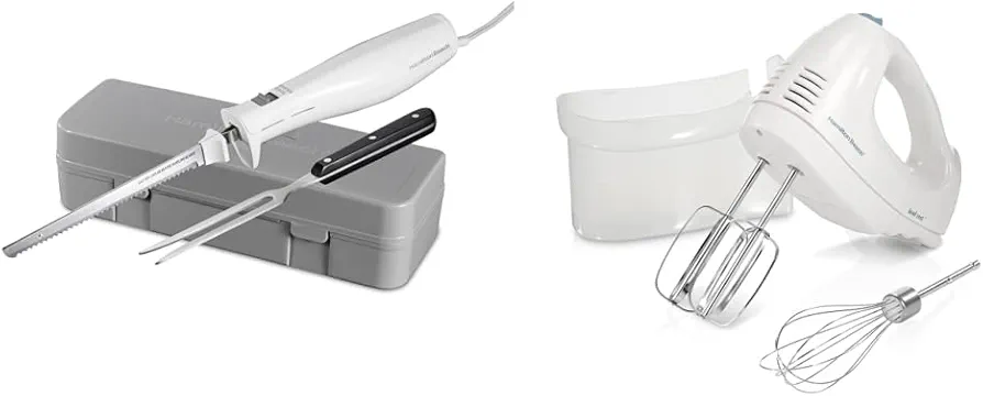 Hamilton Beach Electric Knife, White & 6-Speed Electric Hand Mixer with Whisk, Traditional Beaters, Snap-On Storage Case, White