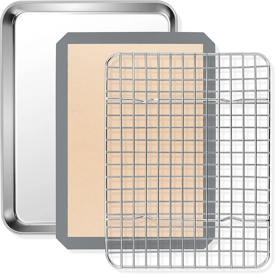 9 Inch Small Toaster Oven Pan with Grid Rack and Silicone Mat Set, P&P CHEF Mini Stainless Steel Toaster Oven Tray Baking Pan with Cooling Rack, 3 Pcs (1 Pan + 1 Rack + 1 Mat), Dishwasher Safe