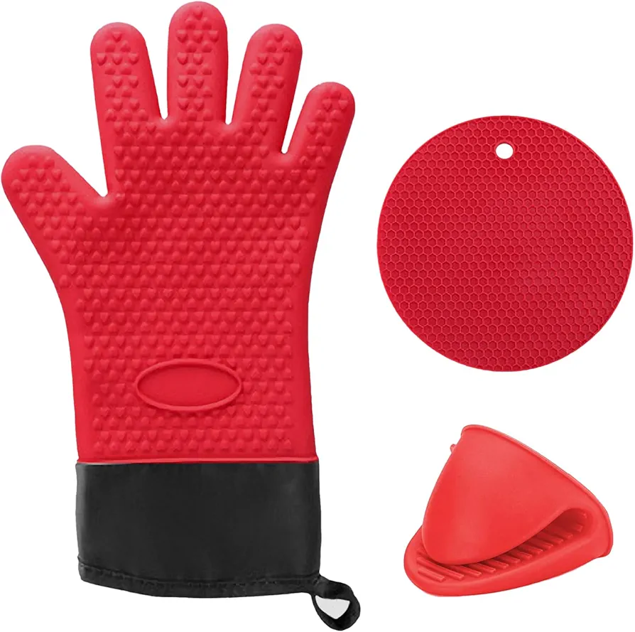 Generic 6pcs Extra Long Oven Mitts and Pot Holders Sets, Silicone Oven Mittens with Mini Oven Gloves and Hot Pads, Heat Resistant Kitchen Mitt Potholders for Kitchen Baking Cooking (Red), Black