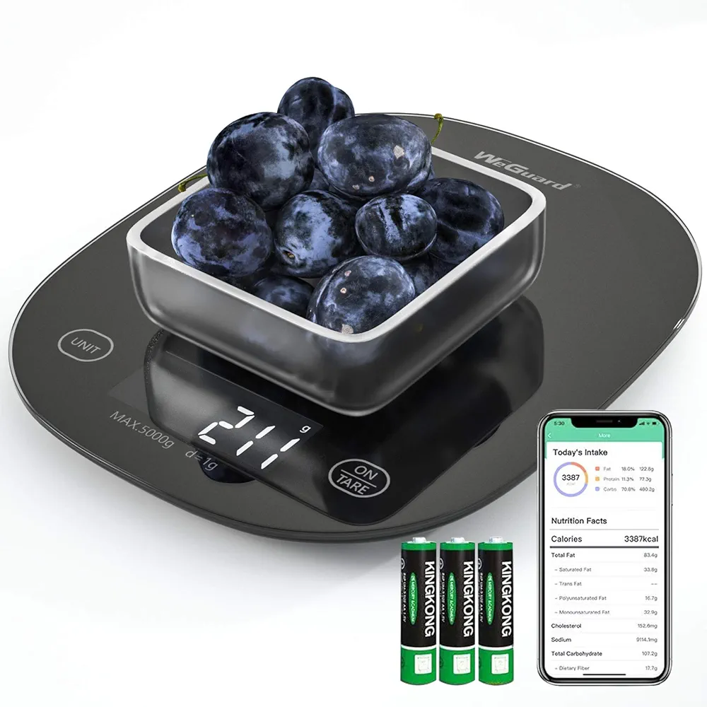 Digital Food Scale, WeGuard Kitchen Scale Weight Grams and oz with Nutritional Calculate via Smartphone APP, Food Weight Scale for Cooking, Baking, and Weight Loss, 5 Units, Tempered Glass Black