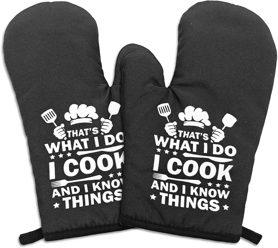 2 Pcs Funny Oven Mitts That's What I Do I Cook and I Know Things Heat Resistant Mitts Adult Humor Silicone Non-Slip Oven Mitts for Kitchen Decor Sweet Housewarming Gifts for Hostess Friend