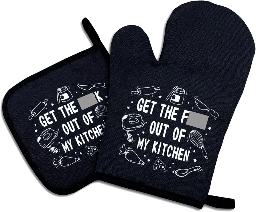 Get The FXXK Out of My Kitchen,Funny Oven Mitts and Pot Holders Sets of 2,Silicone Non-Slip Oven Mitts,Kitchen Gift for Women,Cooking Baking BBQ Gifts,Housewarming Gifts